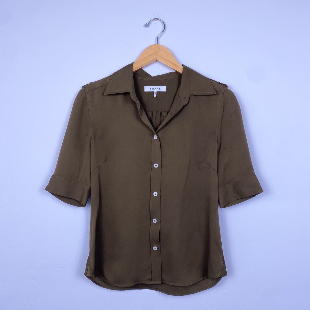 FRAME Silk Short Sleeve Button Up Blouse Olive XS